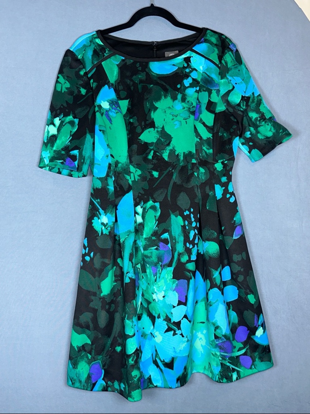 Vince Camuto Midi Dress Womens 14 Black Green Blue Work Cocktail Dress